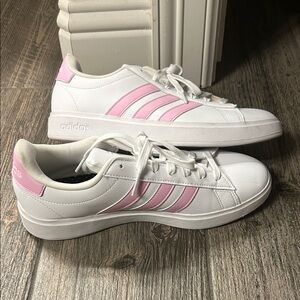Adidas Women's White and Pink Striped Sneakers